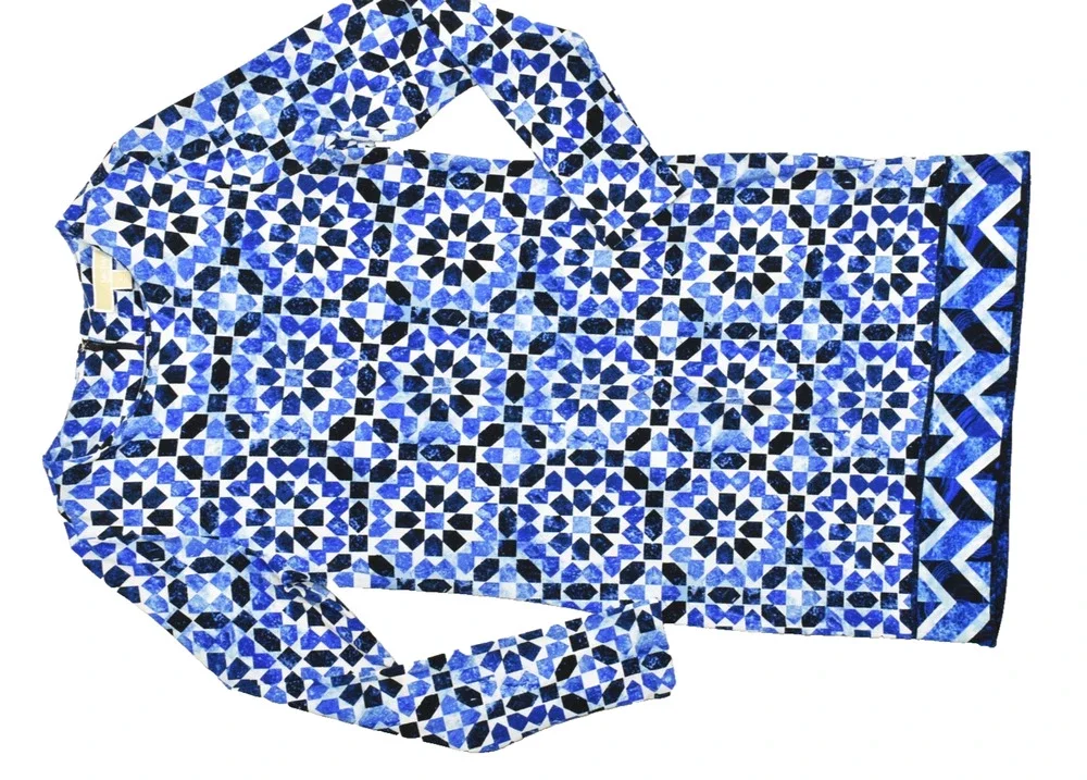 Michael Kors Womens Size S Blue Geometric Mosaic Tile Print Long Sleeve Dress